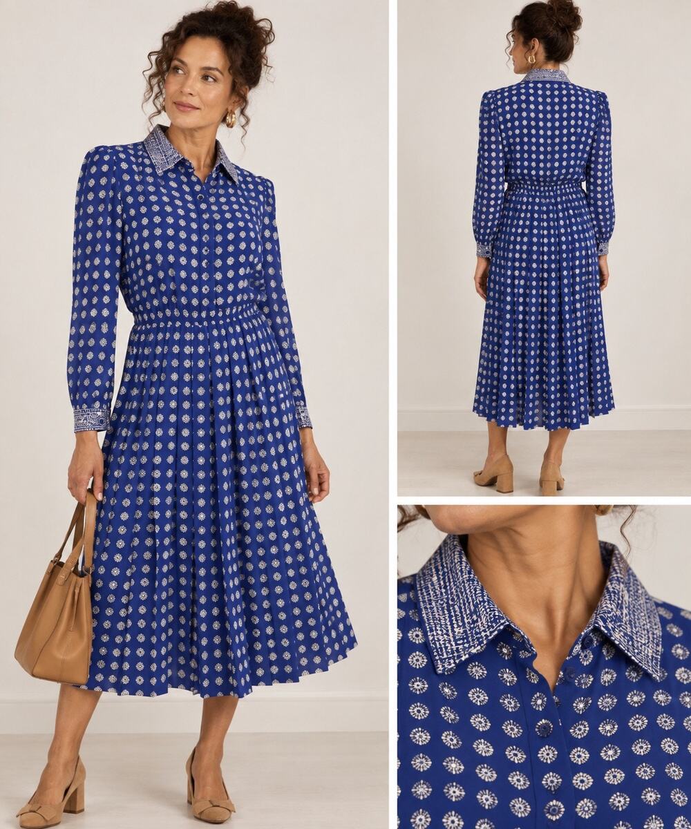 Vintage 80s Schrader Petite Blue White Geometric Shirt Dress S
 Midi Secretary